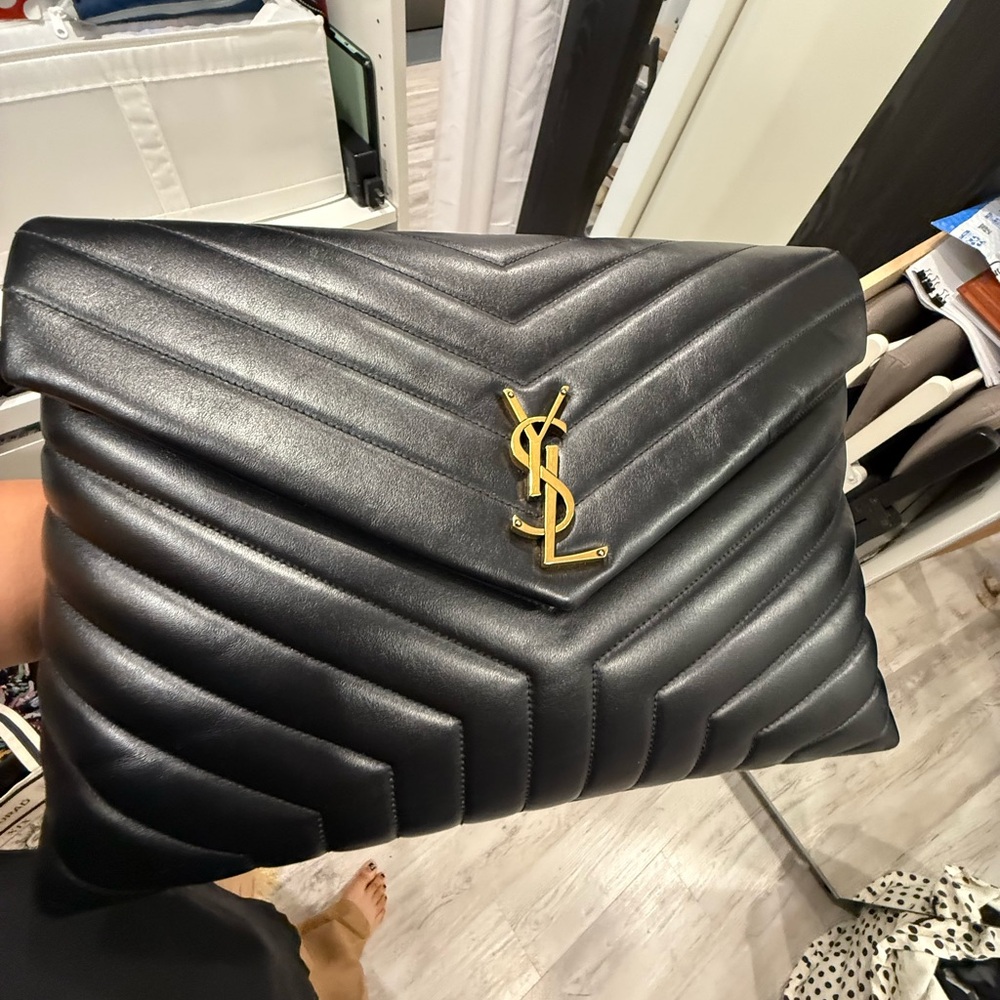 Large Saint Laurent Black Chevron Clutch with Gold Logo